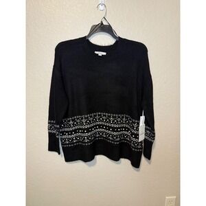 CeCe Womens 2X Black Fair Isle Embellished Sweater Pullover Long Sleeve